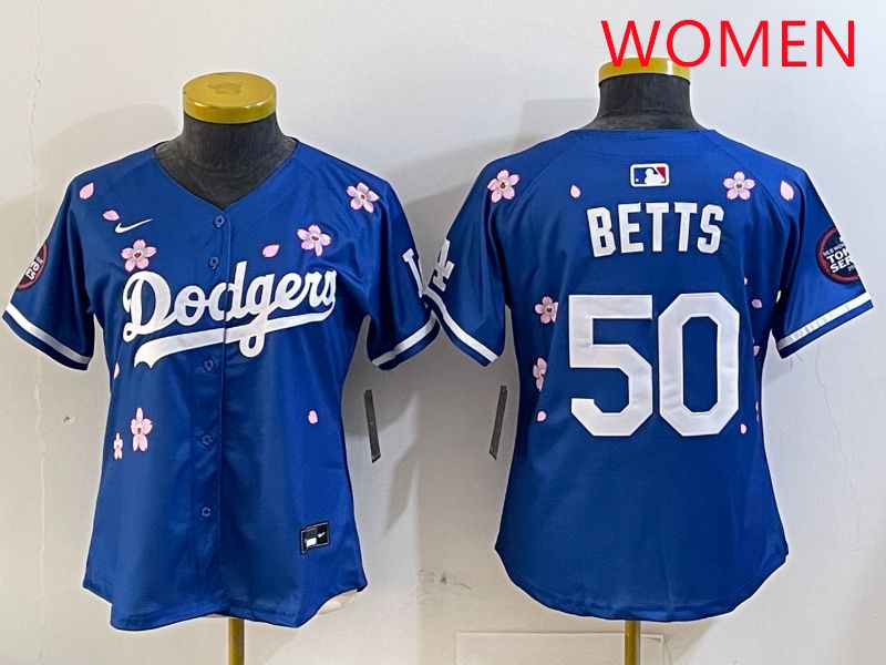 Women Los Angeles Dodgers #50 Betts Blue Sakura Edition 2025 Nike MLB Jersey style 1